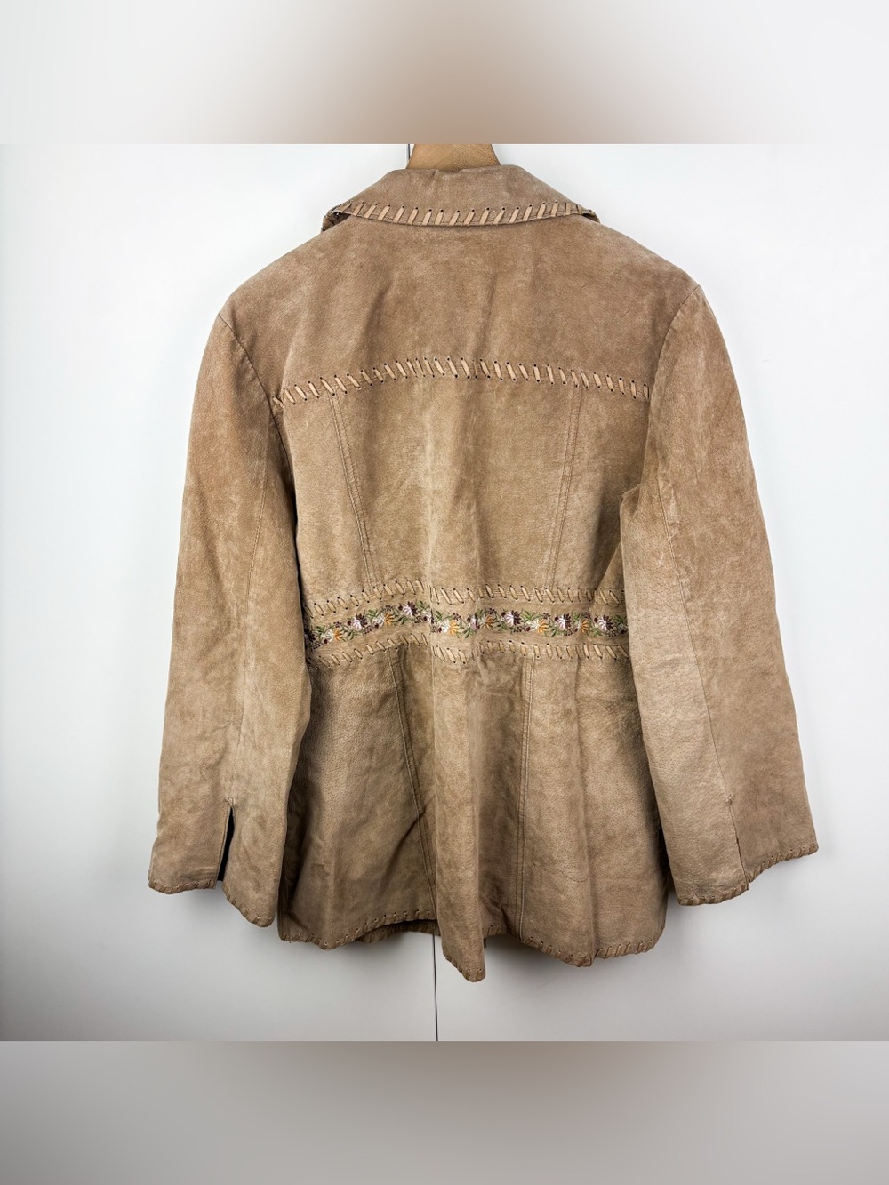 Vintage Western Whipstitch Floral Embroidered Suede Leather Jacket Coat Tan XL - Picture 8 of 9